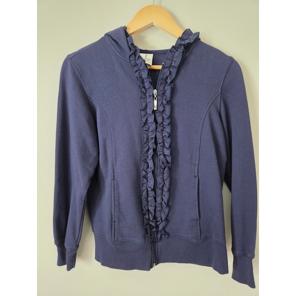 Silverwear Navy Blue Ruffle Trim Zip Up Hoodie Sweatshirt Small Cotton Blend